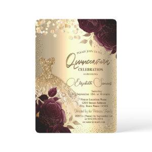 Gold Dress Burgundy Roses Quinceañera