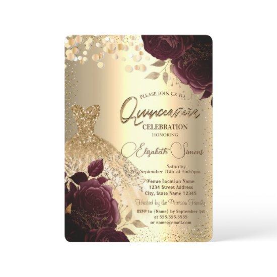 Gold Dress Burgundy Roses Quinceañera