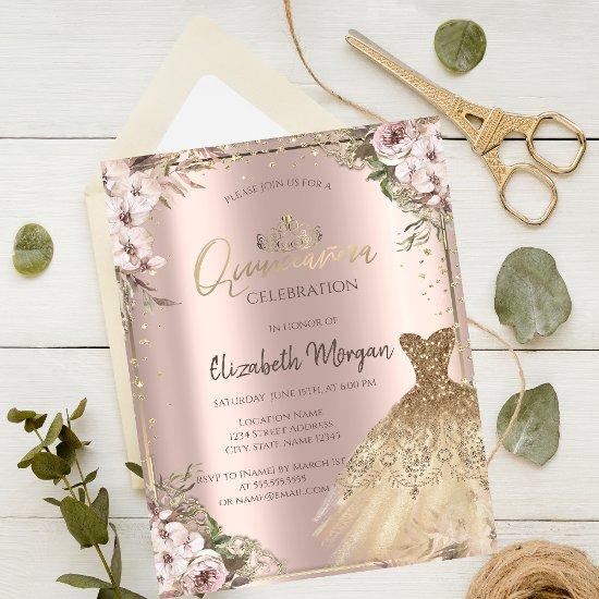 Gold Dress,Diamonds Boho Flowers Quinceañera