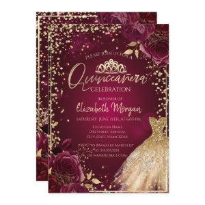 Gold Dress,Diamonds Burgundy Roses Quinceañera