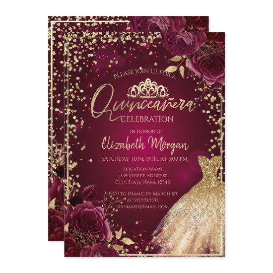 Gold Dress,Diamonds Burgundy Roses Quinceañera