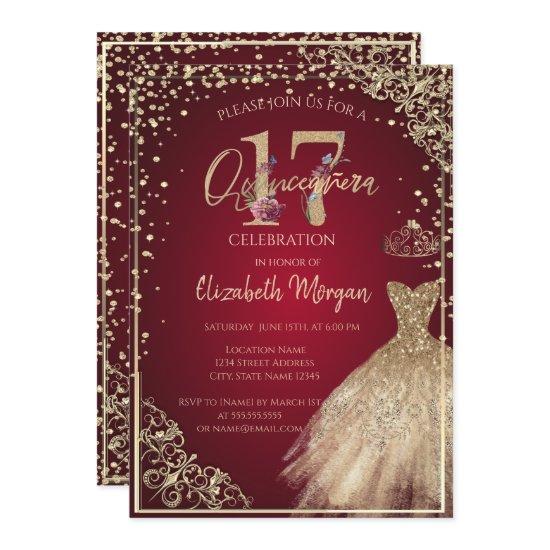Gold Dress Diamonds  Floral Red Quinceañera