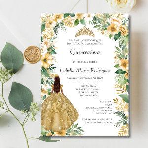 Gold Dress Floral Elegant Formal Quinceanera