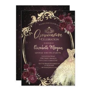 Gold Dress Frame Burgundy Roses  Quinceañera