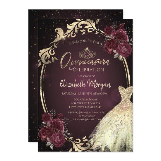 Gold Dress Frame Burgundy Roses  Quinceañera