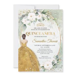 Gold dress gold tiara crown white roses greenery