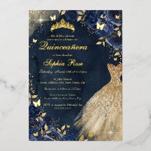 Gold Dress Navy Floral Butterfly Quinceanera Foil