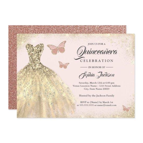 Gold Dress Rose Gold Butterfly Quinceanera