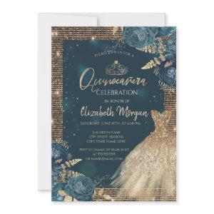 Gold Dress, Roses,Tiara,Diamonds Green Quinceañera
