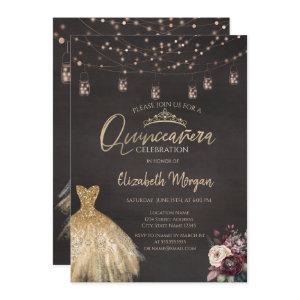 Gold Dress Rustic String Lights Roses Quinceañera