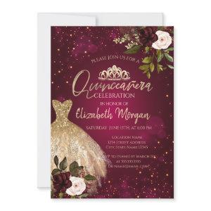 Gold Dress Tiara, Burgundy Flowers Quinceañera