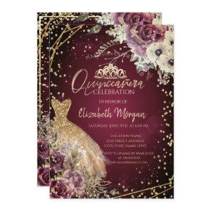Gold Dress Tiara,Floral Burgundy Quinceañera