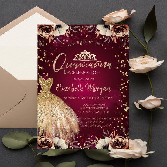 Gold Dress Tiara,Flowers Burgundy Quinceañera