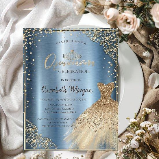 Gold DressTiara,Diamonds Blue Quinceañera