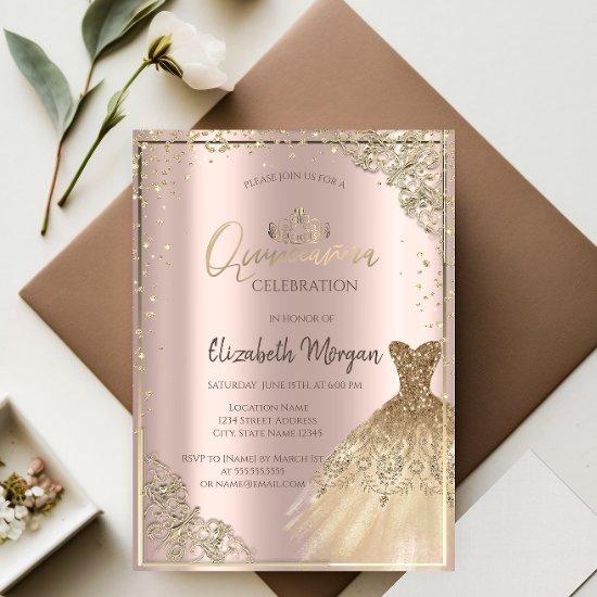 Gold DressTiara,Diamonds Rose Gold Quinceañera