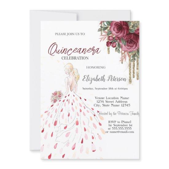Gold Drips,Dress,Watercolor Roses Quinceanera