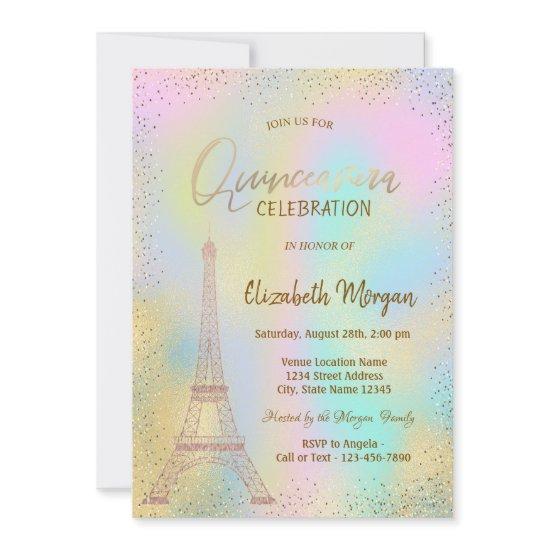 Gold Eiffel Tower Confetti Holographic Quinceañera