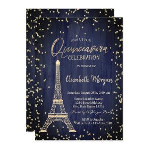 Gold Eiffel Tower Diamonds Navy Blue Quinceanera