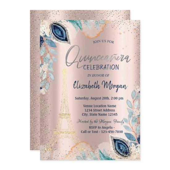 Gold Eiffel Tower,Flowers,Rose Gold Quinceañera