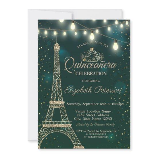 Gold Eiffel Tower Stars Green  Quinceañera