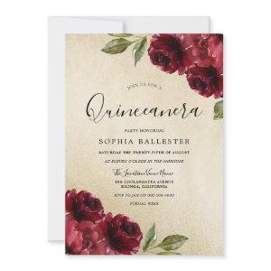 Gold Elegant Burgundy Red Flowers Quinceanera