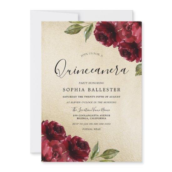 Gold Elegant Burgundy Red Flowers Quinceanera