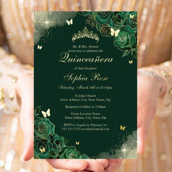 Gold Emerald Butterfly Floral Quinceanera Foil