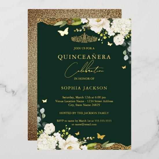 Gold Emerald Floral Lace Quinceanera Birthday Foil