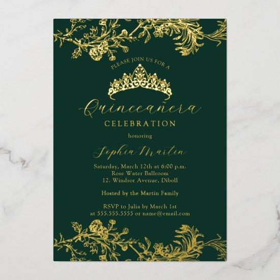 Gold Emerald Vintage Elegant Quinceanera  Foil