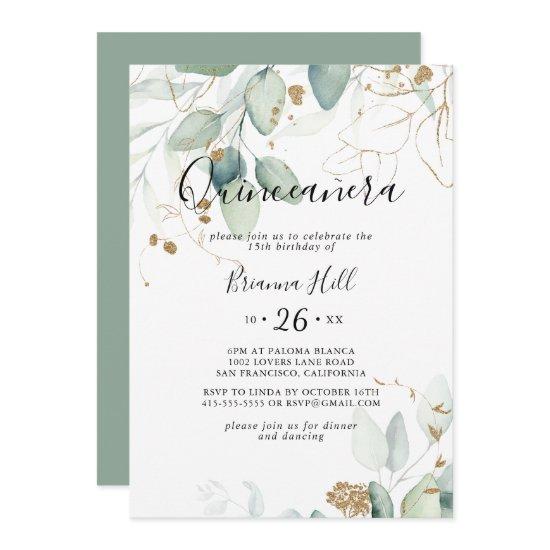 Gold Eucalyptus Calligraphy Quinceañera