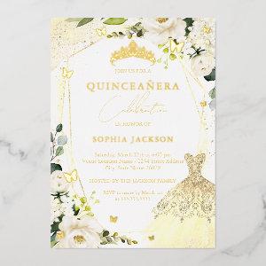 Gold Floral Dress quinceanera Foil
