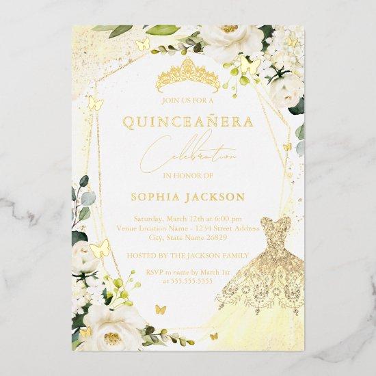 Gold Floral Dress quinceanera Foil