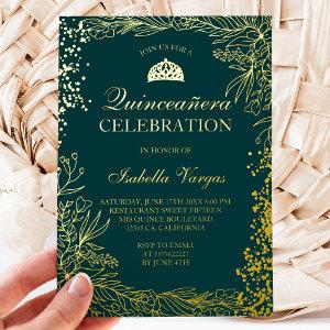 Gold floral emerald green Tiara chic Quinceanera Foil
