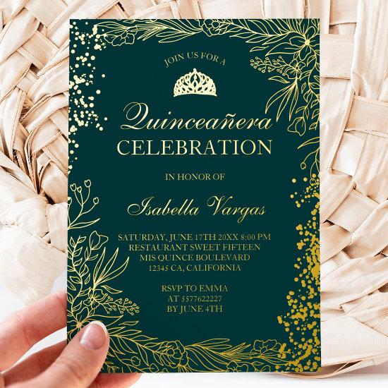 Gold floral emerald green Tiara chic Quinceanera Foil