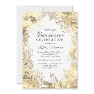 Gold Floral Leaf Wreath Quinceanera Invite
