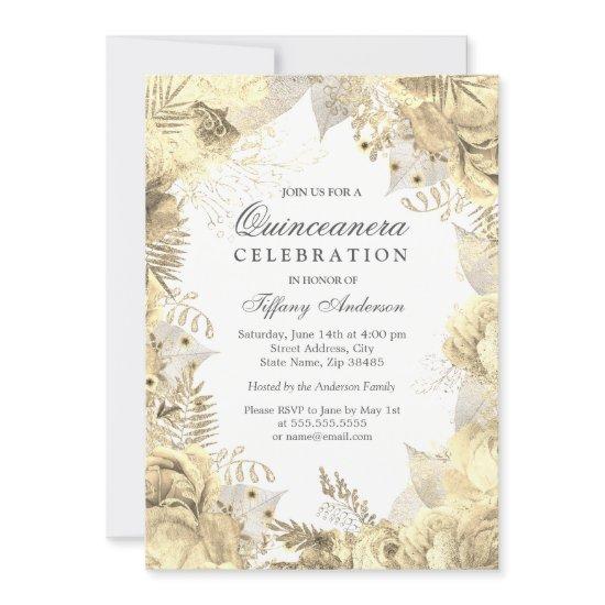 Gold Floral Leaf Wreath Quinceanera Invite