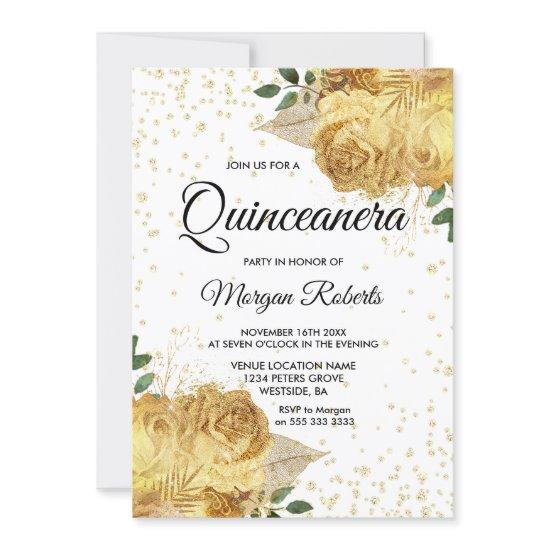 Gold Floral Rose Quinceanera Party Inite