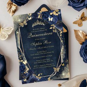 Gold Floral Sparkle Butterfly Navy Quinceanera Foil