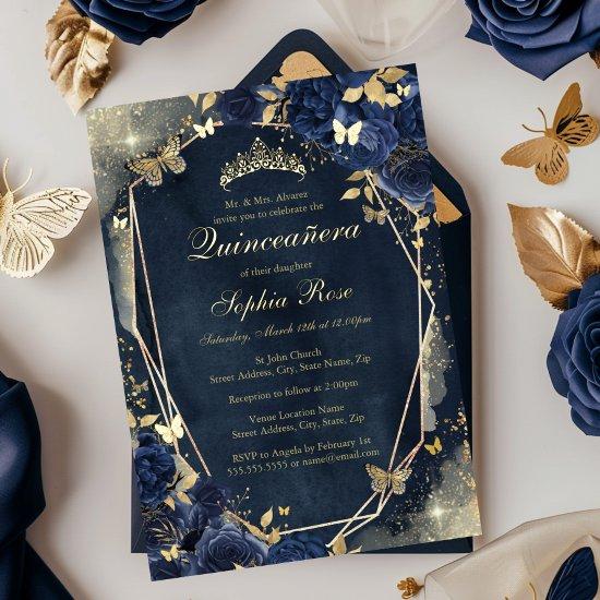 Gold Floral Sparkle Butterfly Navy Quinceanera Foil