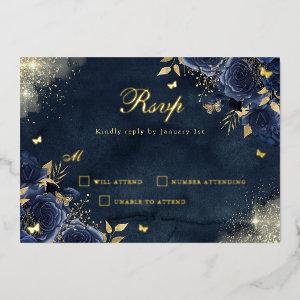 Gold Floral Sparkle Butterfly Navy Quinceanera Foil