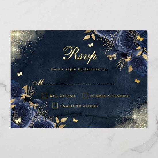 Gold Floral Sparkle Butterfly Navy Quinceanera Foil