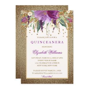 Gold Floral Sparkling Amethyst Quinceanera Invite