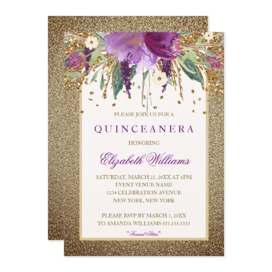 Gold Floral Sparkling Amethyst Quinceanera Invite