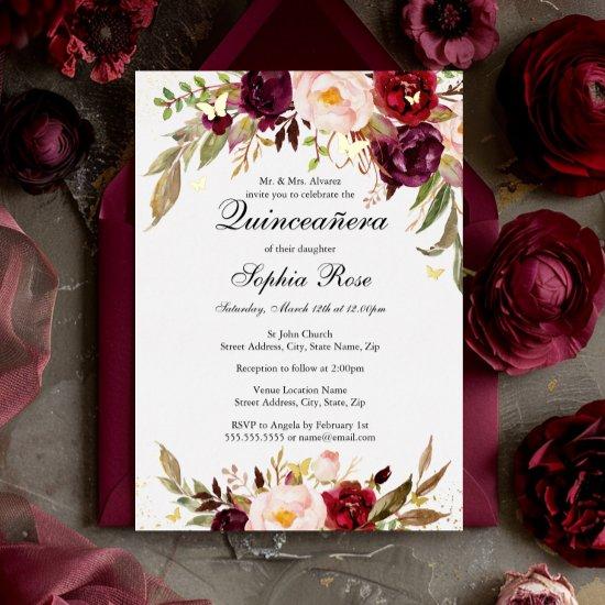 GOLD FOIL Blush Burgundy Floral Quinceanera  Foil