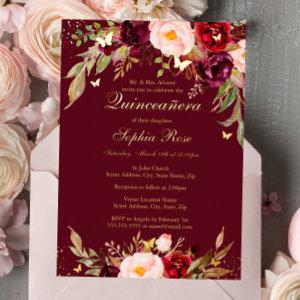 GOLD FOIL Burgundy Blush Floral Quinceanera  Foil