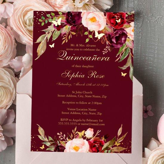 GOLD FOIL Burgundy Blush Floral Quinceanera  Foil