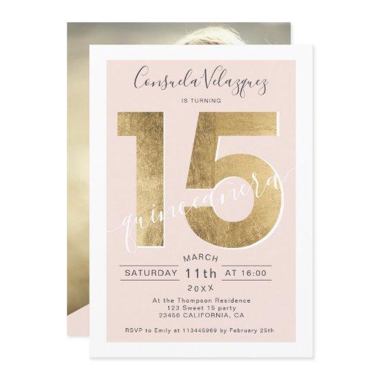 gold foil chic script blush quinceanera photo