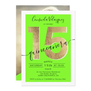 gold foil chic script neon green quinceanera photo