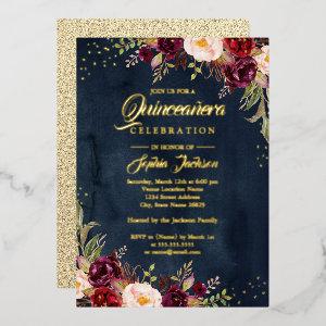 GOLD FOIL Floral Burgundy Navy Gold Quinceanera Foil