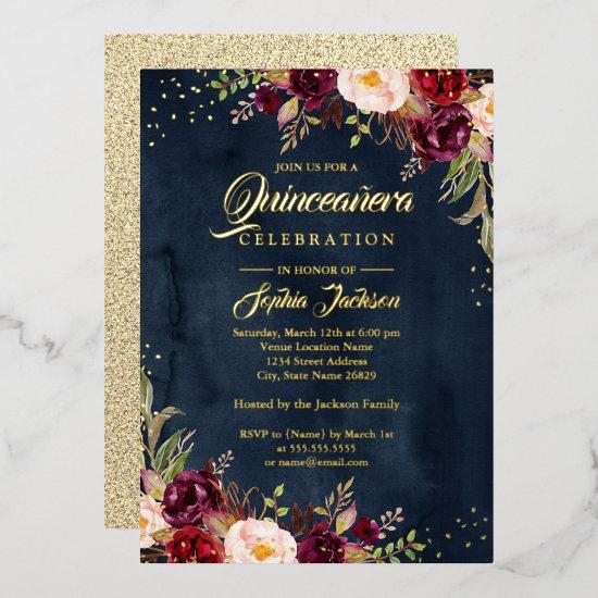GOLD FOIL Floral Burgundy Navy Gold Quinceanera Foil